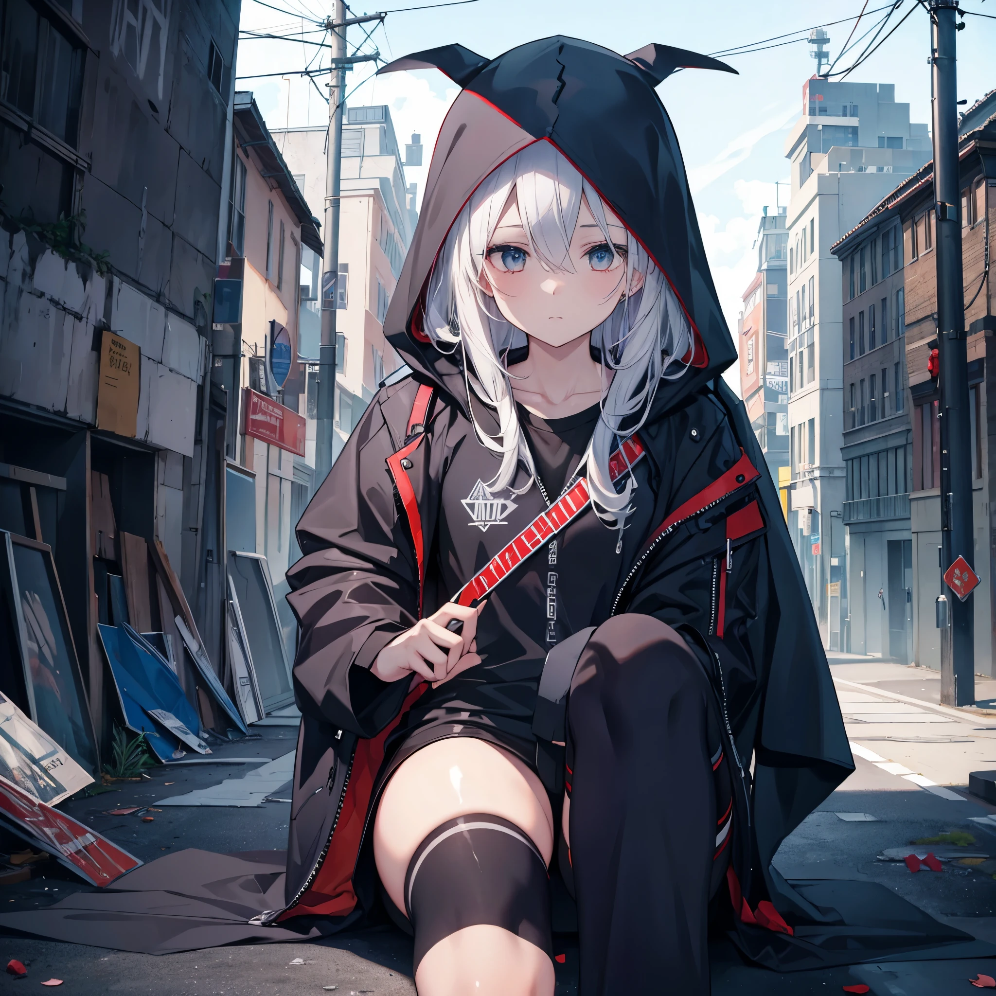 (((Grim Reaper's Scythe))) (((Gray Hair Short Hair blue eyes female))),((night full moon My own big wings)),(Wearing a hood Black camisole Purple light), A tense look Shining Background Shining Edge
