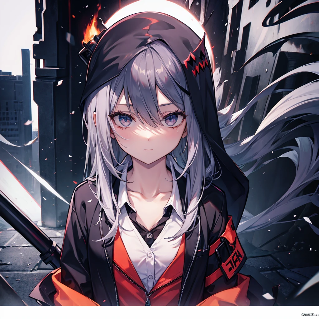 (((Grim Reaper's Scythe))) (((Gray Hair Short Hair blue eyes female))),((night full moon My own big wings)),(Wearing a hood Black camisole Purple light), A tense look Shining Background Shining Edge