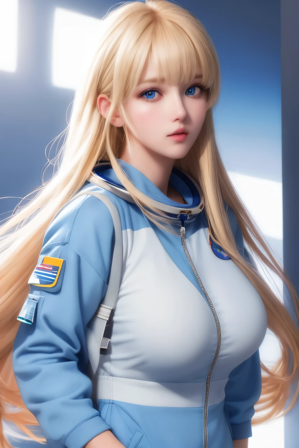 1women,22 years old,cute,,big breasts,astronaut uniform,Tight astronaut uniform, standing, blonde hair, blue eyes, bangs,long hair,vibrant colors,close up photo, close up,Focus on the face,colorful art style, soft shadows, detailed textures, dynamic lighting, ultra detailed