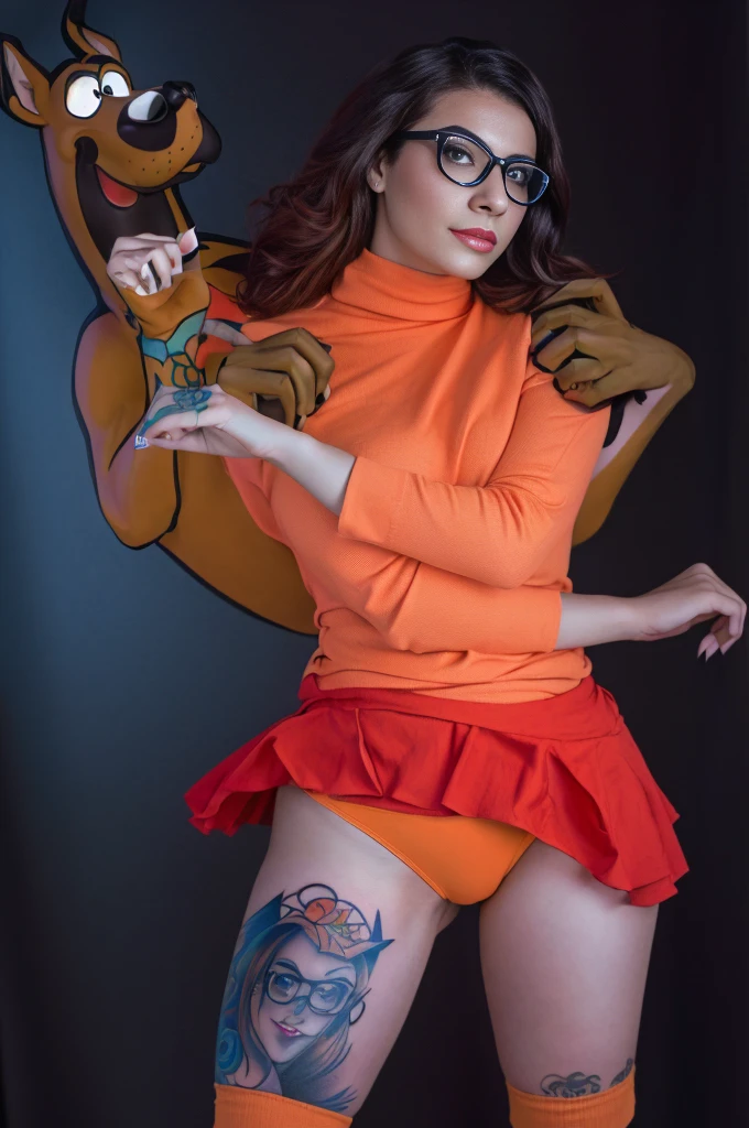 Araffe in disguise with tattoo and glasses posing for a photo, scooby doo