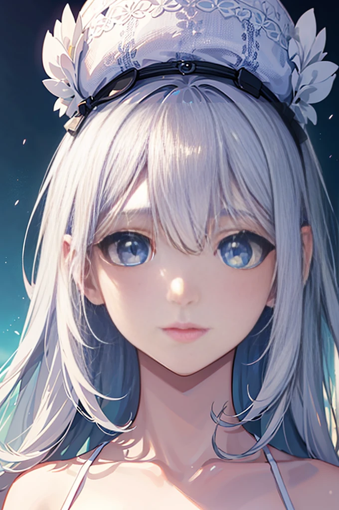 Transparent silver hair))、Semi-long hair、((Shiny blue eyes))、(Cute Summer Clothes)、resolution, unity 8k wallpaper, (figure:0.8), (Detailed and beautiful eyes:1.6), Highly detailed face, Perfect lighting, Extremely detailed CG, (Perfect hands, Perfect Anatomy), , t