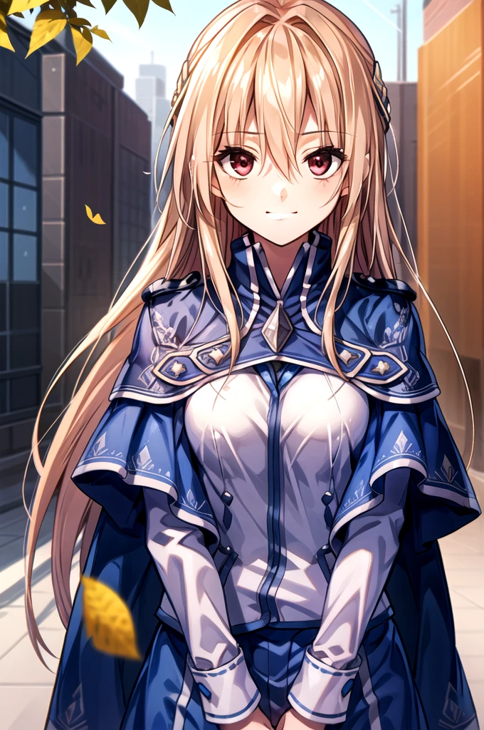((masterpiece))、(((Highest quality)))、((Super detailed))、((An illustration))、Attention to detail、Highly detailed CG Unity 8k、High resolution,One girl, Long Hair, alone, Hair between the eyes, smile, Red eyes, Kind eyes,Floating Hair, Blurred background, Blonde, View your viewers, Blurred, Upper Body, very Long Hair, bangs, Shiny hair, leaf, Shiny, Capelet, Blue Cape, Yuina Shirakawa,