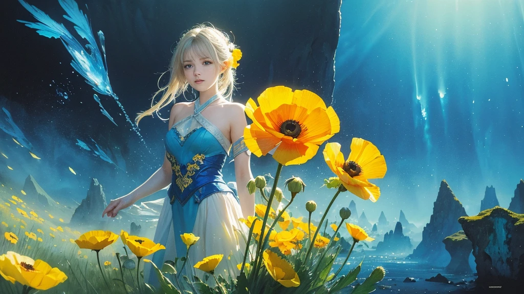 32k, Masterpiece, Highest quality, One girl, Detailed eyes, flower,Iceland Poppy, Blue and yellow style,A dreamy, romantic piece,Pale yellow, Mysterious Leaves,A playful arrangement,Fantasy,High Contrast,Ink strokes,explosion,Exposure, Impression of blue and yellow tones,Abstract,((Watercolours by John Berkey and Jeremy Mann )) Brush strokes,Negative Space, Tyndall effect,