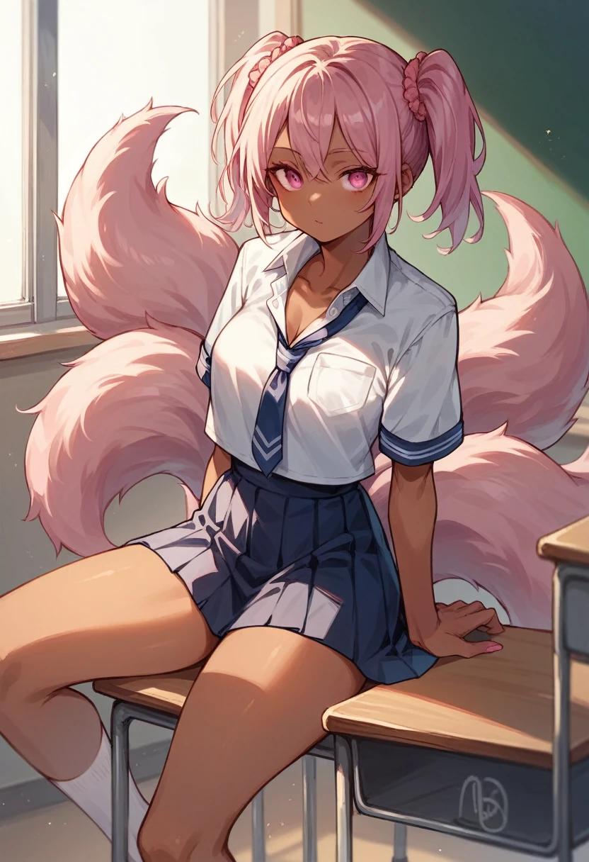 1 girl,Alone,School uniforms,mini skirt,classroom,Dark skin,by rubio,pink eyes,chest,double tail,diaphragm,not good