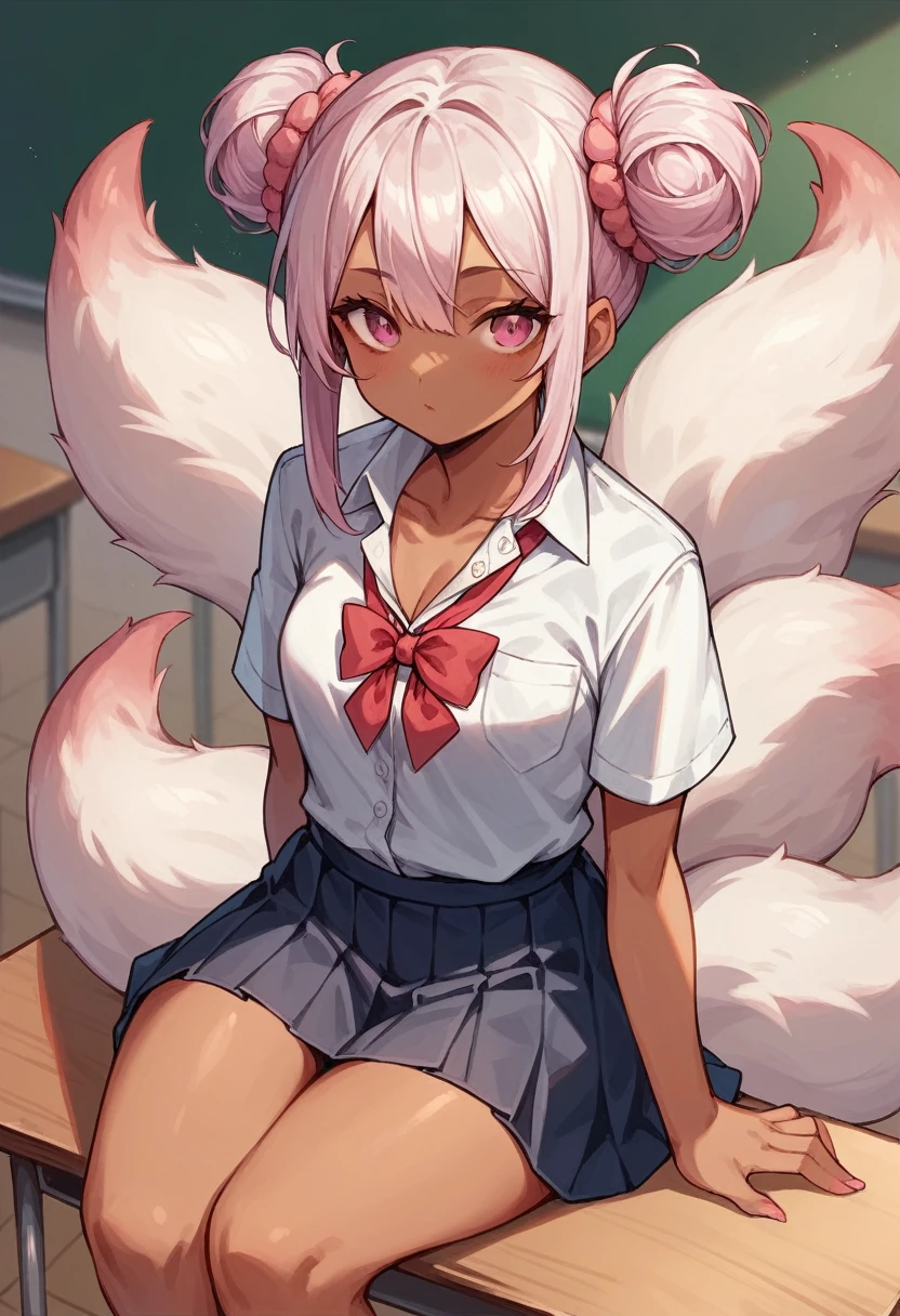 best quality,best resolution,solo,(fluffy anthro furry :1.6),(young :1.8),cat girl,flat chest,pink hair,long hair,messy hair,green eyes,glistering eyes,sparkle eyes,(white fur :1.6),(white short arms shirt with red tie),(red skirt),glasses,beautiful classroom,light and shadow,full face blush,heart expression,heart eyes glow,happy face,smile,standing,low angle,closed eyes,looking back,back view,open mouth