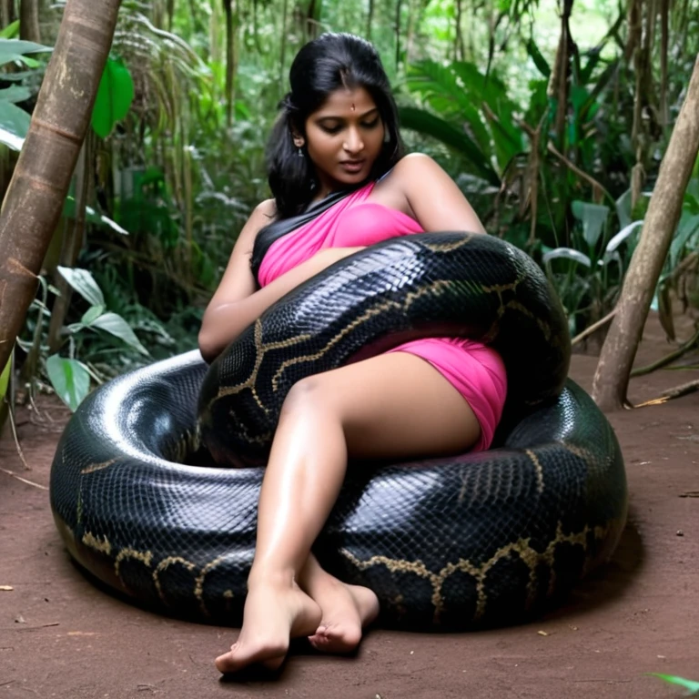 Pregnant pink loin cloth aroused horny beautiful happy young Indian village girl vs Giant colossal black anaconda monster wrapped around her body squeezing her in coiled embrace cuddling and kissing sexual erotic bestiality sex realistic in the rainforest full body, best quality wet