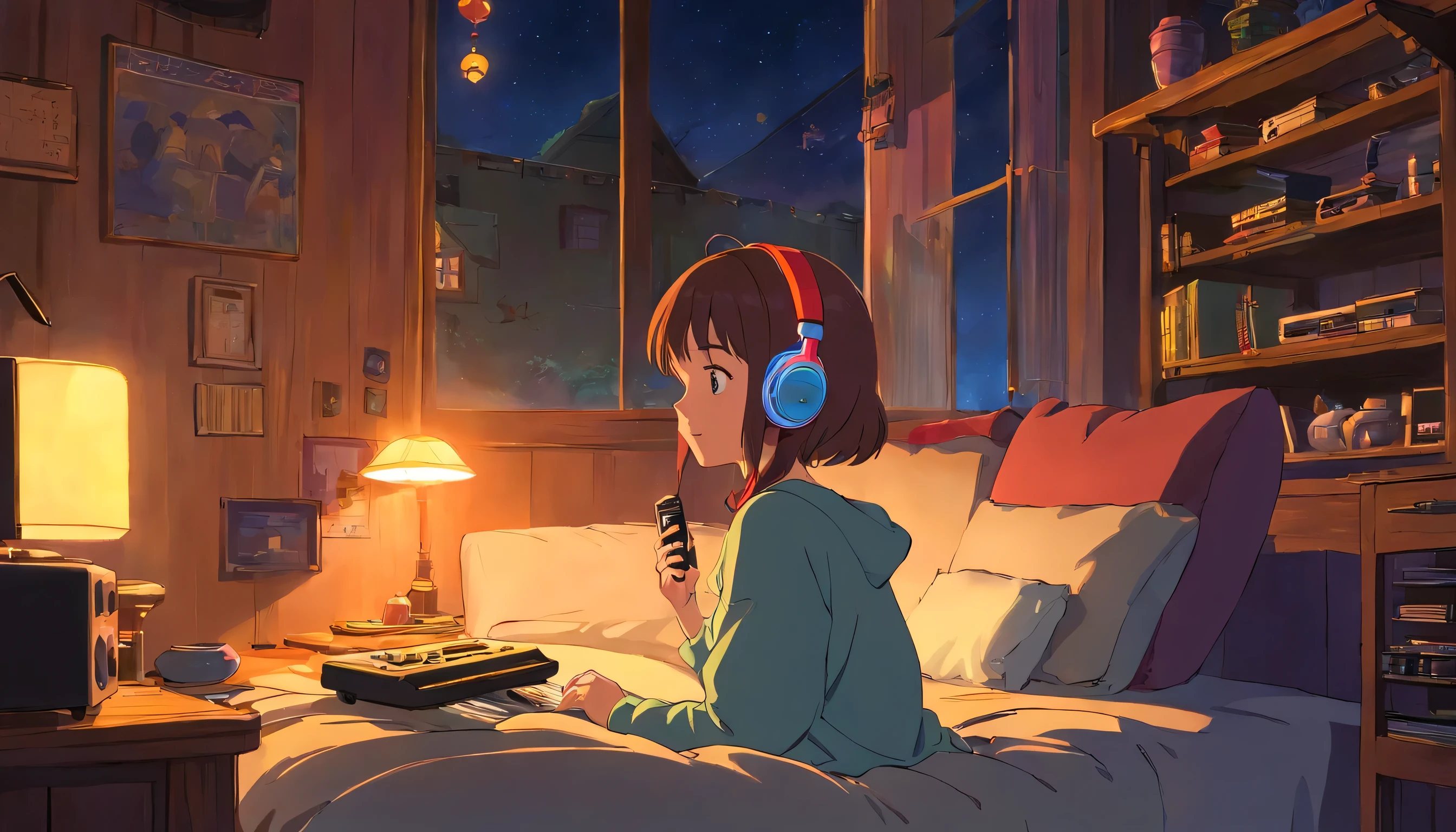 Girl listening to music in a cozy room at night, Using headphones, 2D style anime, Lo-fi, hard disk, Dark environment