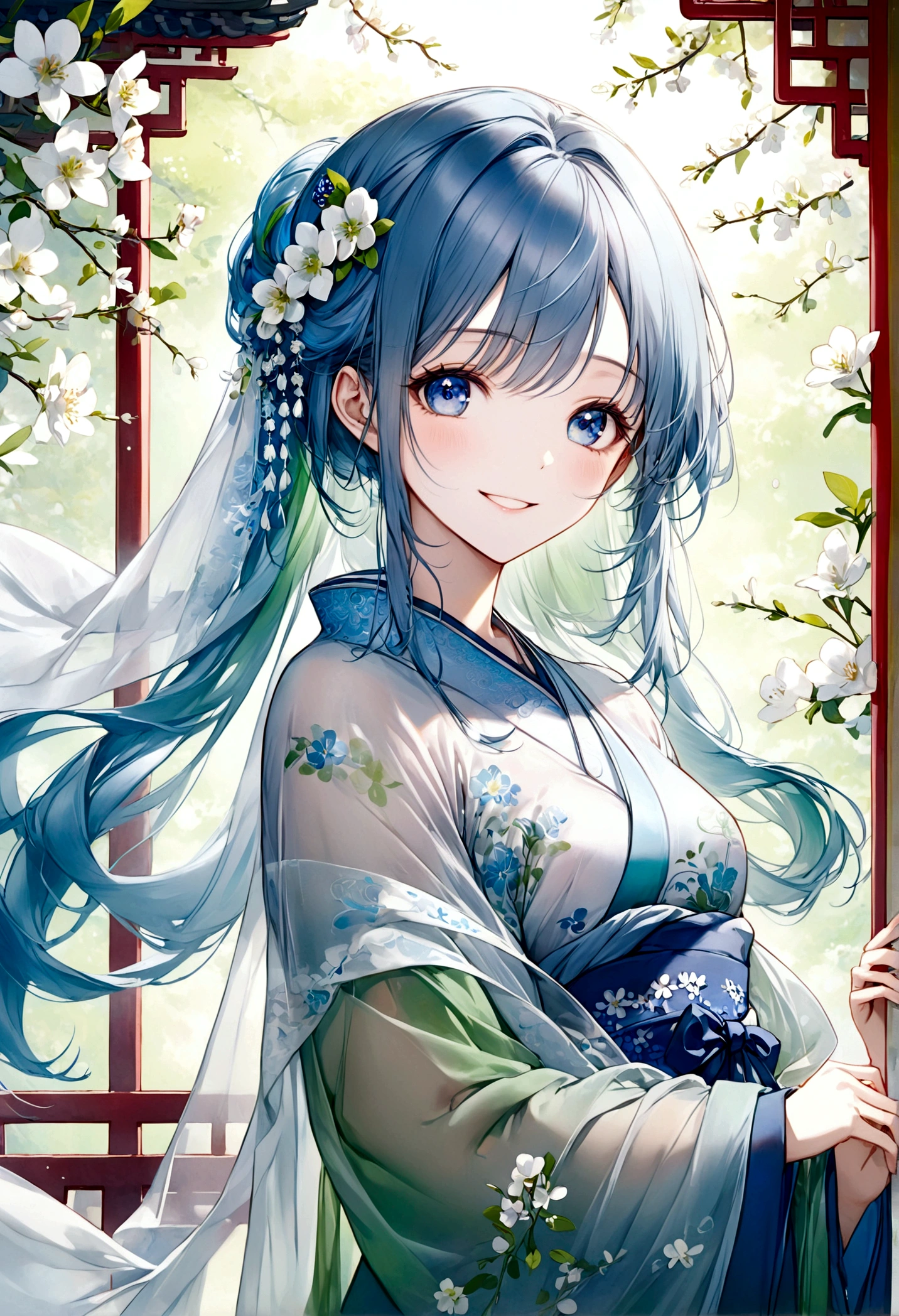 ((top-quality)), ((masterpiece)), ((ultra-detailliert)), (extremely delicate and beautiful), beautiful woman, bright light blue hair, long hair, sapphire blue eyes, traditional chinese hairstyle, wearing sheer blue hanfu dress, flowy shawl, sheer spring green and sheer white shawl, sweet smile, relaxed expression, fair complexion, spring background with delicate white flowers