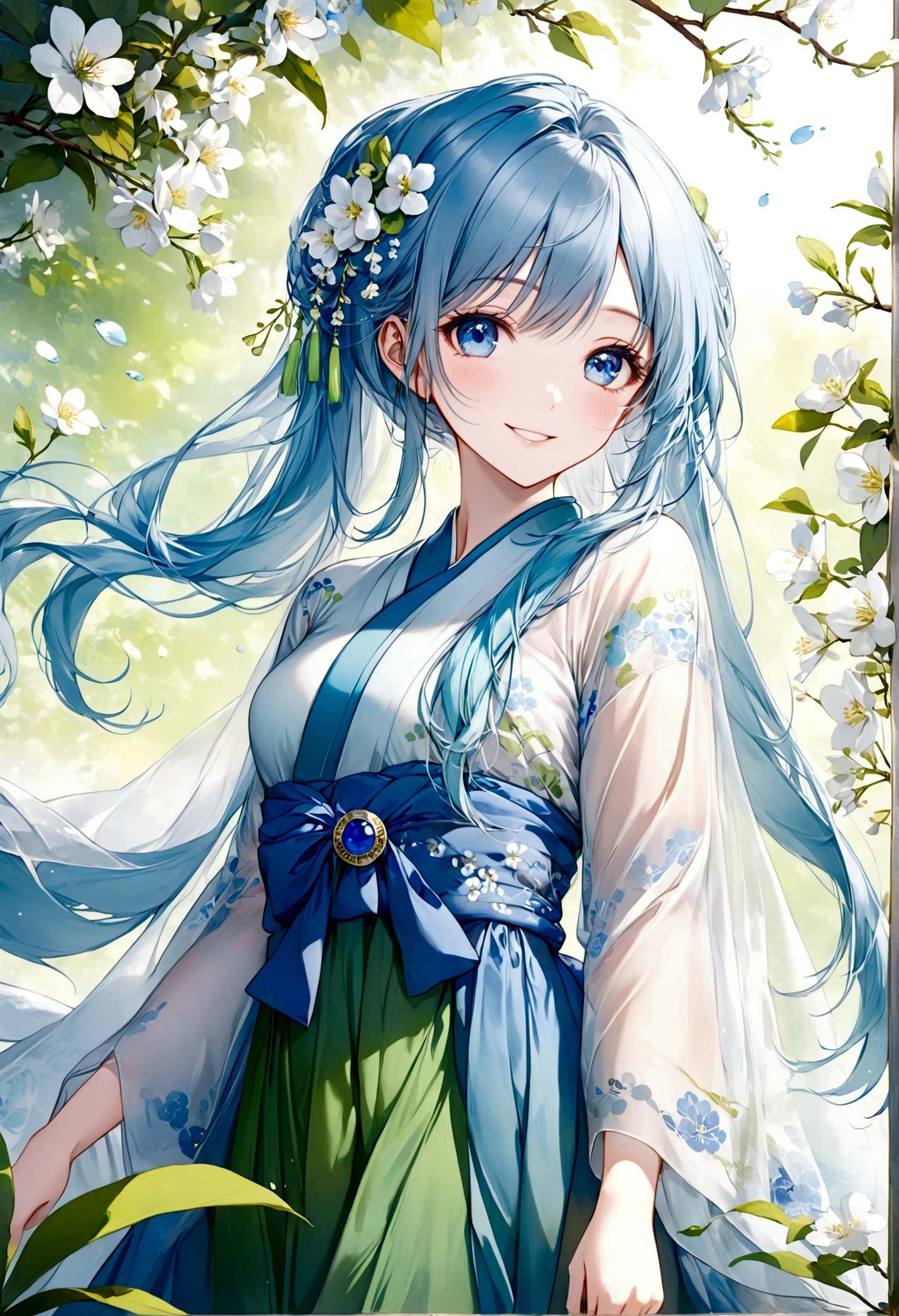 ((top-quality)), ((​masterpiece)), ((ultra-detailliert)), (extremely delicate and beautiful), beautiful woman, bright light blue hair, long hair, sapphire blue eyes, traditional chinese hairstyle, wearing sheer blue hanfu dress, flowy shawl, sheer spring green and sheer white shawl, sweet smile, relaxed expression, fair complexion, spring background with delicate white flowers
