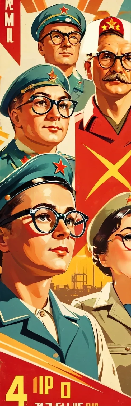 Turn your face 45 degrees to the left, Soldier,military uniform,Wear a military cap,Military cap with red five-pointed star, wear glasses, Soviet Union, Retro Style, Soviet Union海报