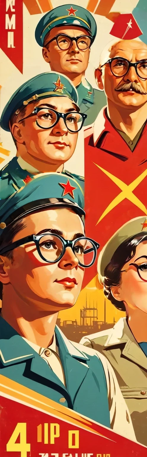 Turn your face 45 degrees to the left, Soldier,military uniform，Wear a military cap，Military cap with red five-pointed star， wear glasses, Soviet Union, Retro Style, Soviet Union海报