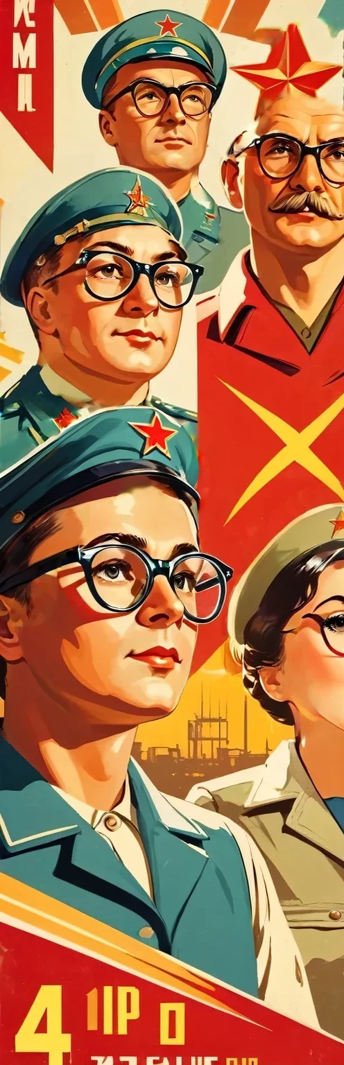 Turn your face 45 degrees to the left, Soldier,military uniform,Wear a military cap,Military cap with red five-pointed star, wear glasses, Soviet Union, Retro Style, Soviet Union海报