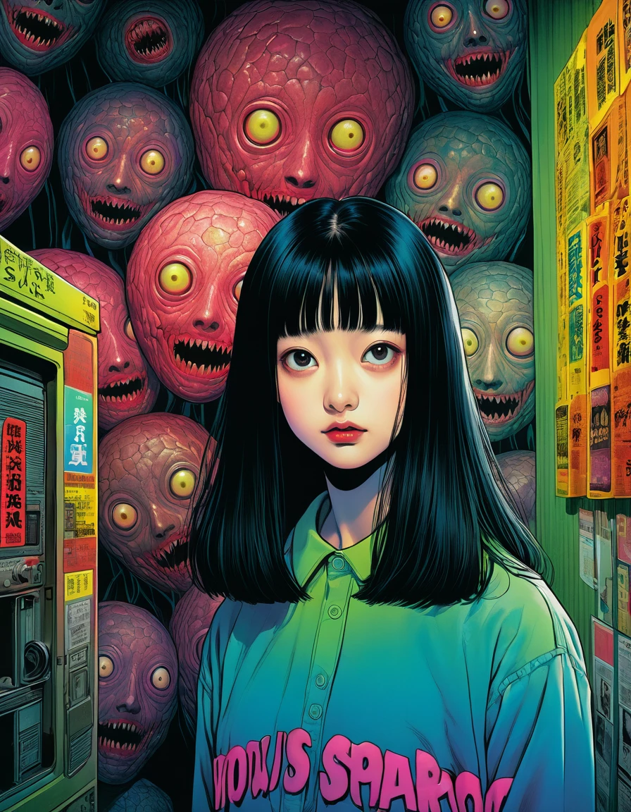 An illustration、art、90s horror movie posters, Supervised by Junji Ito、High detail, Realistic shadows、Analog Style, chromatic aberration, Surrealism、Complementary Gradient