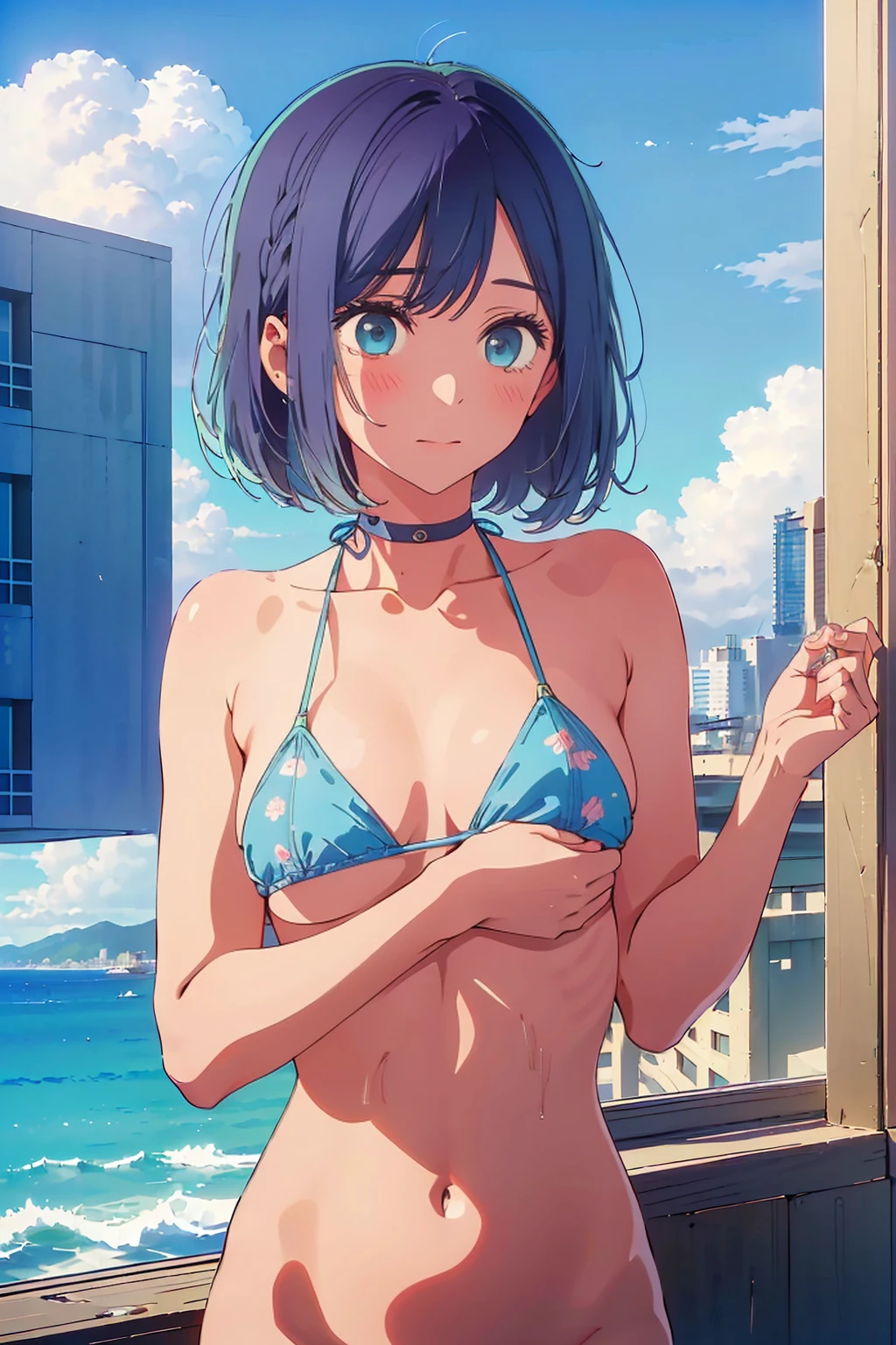(Highest quality:1.4、masterpiece:1.4、Super detailed:1.4、Ultra-high resolution:1.4、8K:1.4)、Slim body、Big Breasts、((((1 person、Surprised expression、In the background are the urban buildings of Tokyo、looking at the camera、Seaside café terrace、Get up close and take a photo、Photographing the upper body、Very cute face))))、((((nude、very beautiful areola))))、(Pose with hair tucked behind ear with one hand:1.4)、(((bikini)))、valley、Very blue sky、A completely cloudless sky