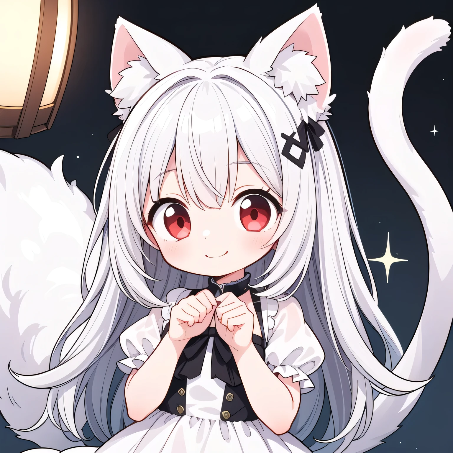 masterpiece, ultra-detailed, best quality, BREAK 1girl, solo, nice hands, perfect hands, BREAK Chibi character, nekomata, around , red eyes, mischievous smile, long silver hair, white one piece dress, red ribbon, one fluffy tail, fantastic, sacred light,
