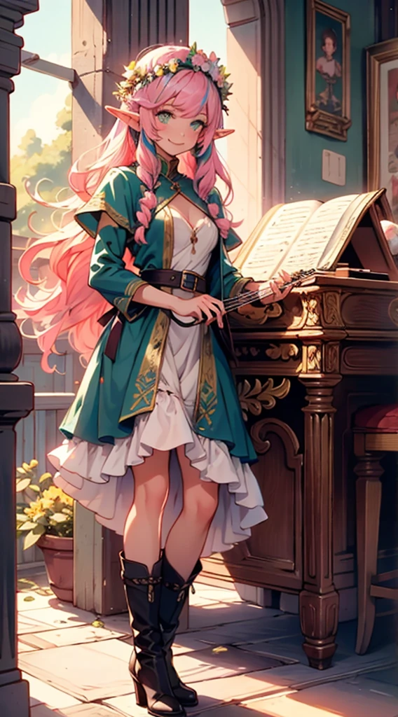 beautiful adult women elf, long pink hair and blue streaks hair, green eyes, with flower crown, smile, flirty bard, playing a small harp, boots, blue and pink armor dress, medium bust,