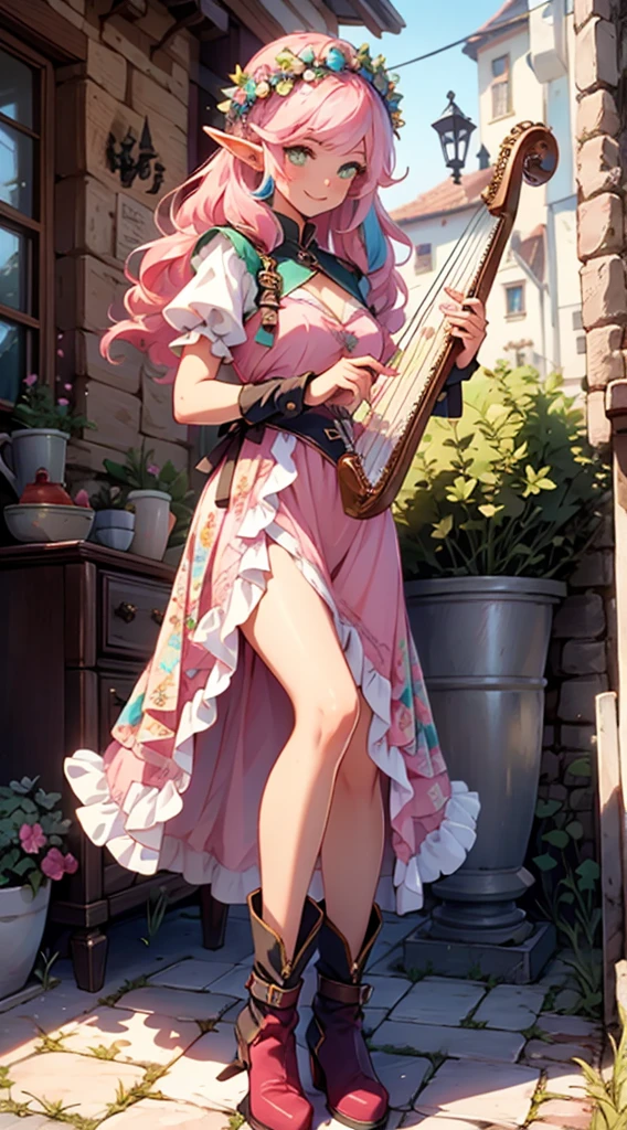 beautiful adult women elf, long pink hair and blue streaks hair, green eyes, with flower crown, smile, flirty bard, playing a small harp, boots, blue and pink armor dress, medium bust, 
