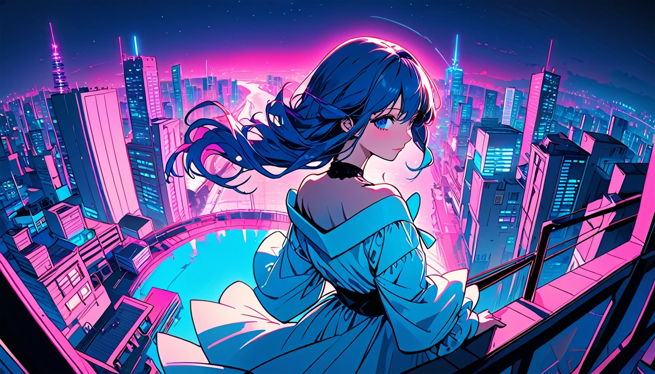 masterpiece,Highest quality,1 Synthwave girl,Blue outline,Neon cityscape,Blue fluorescent paint,solo,From above,Cowboy Shot,Rooftop of a building,Highly detailed CG,Flat Color,Limited palette,Line art,silhouette,Partially colored,Alternate Color,Dynamic Angle,Water hair long hair、Blue long upper champagne,Dark purple shadow,Synth Wave,chromatic aberration,(soloフォーカス)、Perfect Shadow、Wearing an off-the-shoulder floating jacket、Delicate face、、Beautiful and delicate eyes、Delicate background、Blue Neon Light、night、