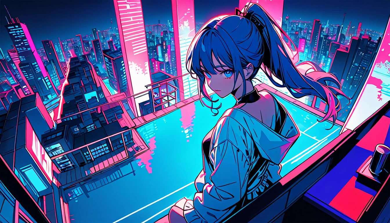 masterpiece,Highest quality,1 Synthwave girl,Blue outline,Neon cityscape,Blue fluorescent paint,solo,From above,Cowboy Shot,Rooftop of a building,Highly detailed CG,Flat Color,Limited palette,Line art,silhouette,Partially colored,Alternate Color,Dynamic Angle,Water hair long hair、Blue long upper champagne,Dark purple shadow,Synth Wave,chromatic aberration,(soloフォーカス)、Perfect Shadow、Wearing an off-the-shoulder floating jacket、Delicate face、、Beautiful and delicate eyes、Delicate background、Blue Neon Light、night、