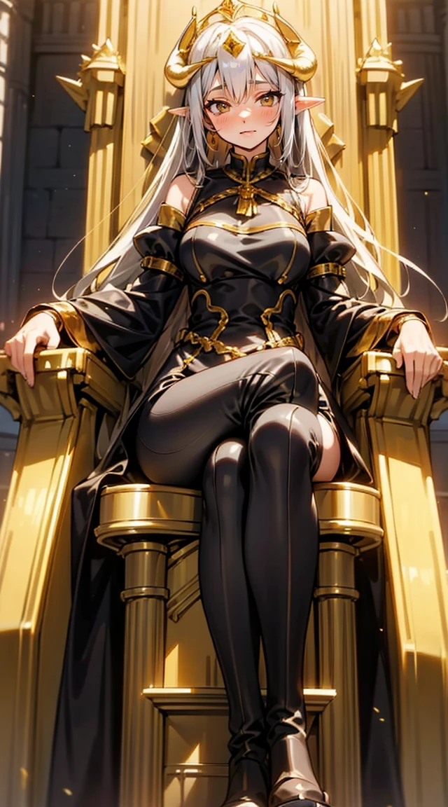 1 girl,20 years,One,happy face,black and gold long dress,middle ,White hair,long hair,yellow eyes,Elf Ears, black small horns,white tights,Detailed long boots,golden tiara,Luxurious gold jewelry,(((sit on a throne in a castle)))