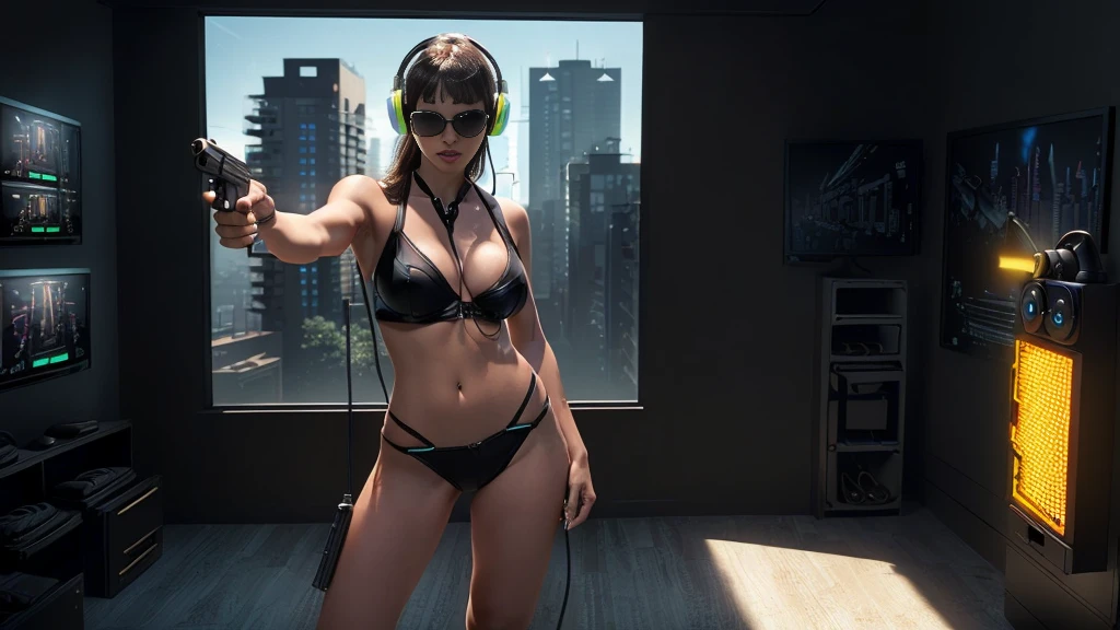 at night, 1woman alone, solo, medium breast with cleavage, slim body, standing dynamic pose, (((((pointing gun at viewer, black sunglasses, headphone))))), (((((half-body (thigh level) medium shot))))), photo realistic. In the background, high-rise transparent windows with OLED GUI interfaces showing Matrix glowing cascading code.