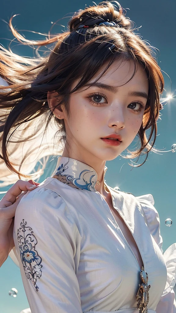 (masterpiece), (best quality), (ultra detailed),(messy hair),(illustration), (,1girl), avatar, macro lens, (Fashionable clothing), standing,Fashion model, looking at viewer, ( interview), (simple background), beautiful detailed eyes, exquisite beauty, Floating, (high saturation), (colorful splashs), colorful bubble, (shining), focus on face,