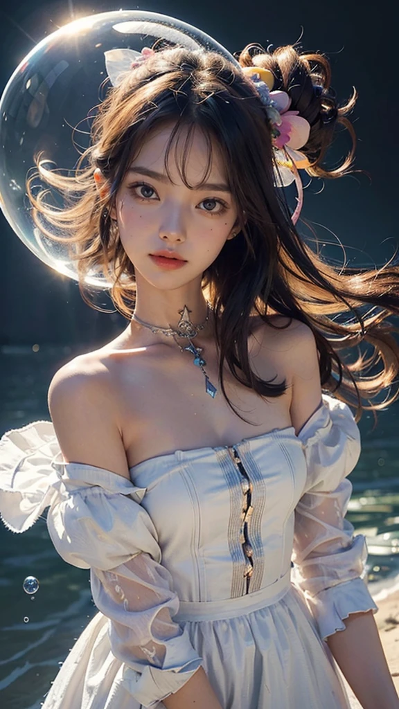 (masterpiece), (best quality), (ultra detailed),(messy hair),(illustration), (,1girl), avatar, macro lens, (Fashionable clothing), standing,Fashion model, looking at viewer, ( interview), (simple background), beautiful detailed eyes, exquisite beauty, Floating, (high saturation), (colorful splashs), colorful bubble, (shining), focus on face,