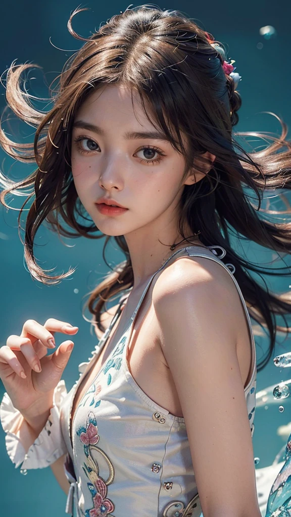 best quality, masterpiece, realistic, adult female, messy [updo|hanging] hair, (full body:0.6), solo, (full body:0.6), looking down, detailed background, detailed face, Sc3pt4, scifi theme:1.1), mercury-wizard, melancholic, surrounded by waves of iridescent silver, alchemical imagery, reflections, silver-colored fluid, metallic sheen, shiny, dynamic pose, fluid movement, floating particles, droplets of mercury, flowing metal, blending mercury, foreign planet in background, dripping mercury formations, volumetric lighting, cinematic atmosphere, sharp details, high detail skin, realistic skin texture, perfect eyes, white dress,