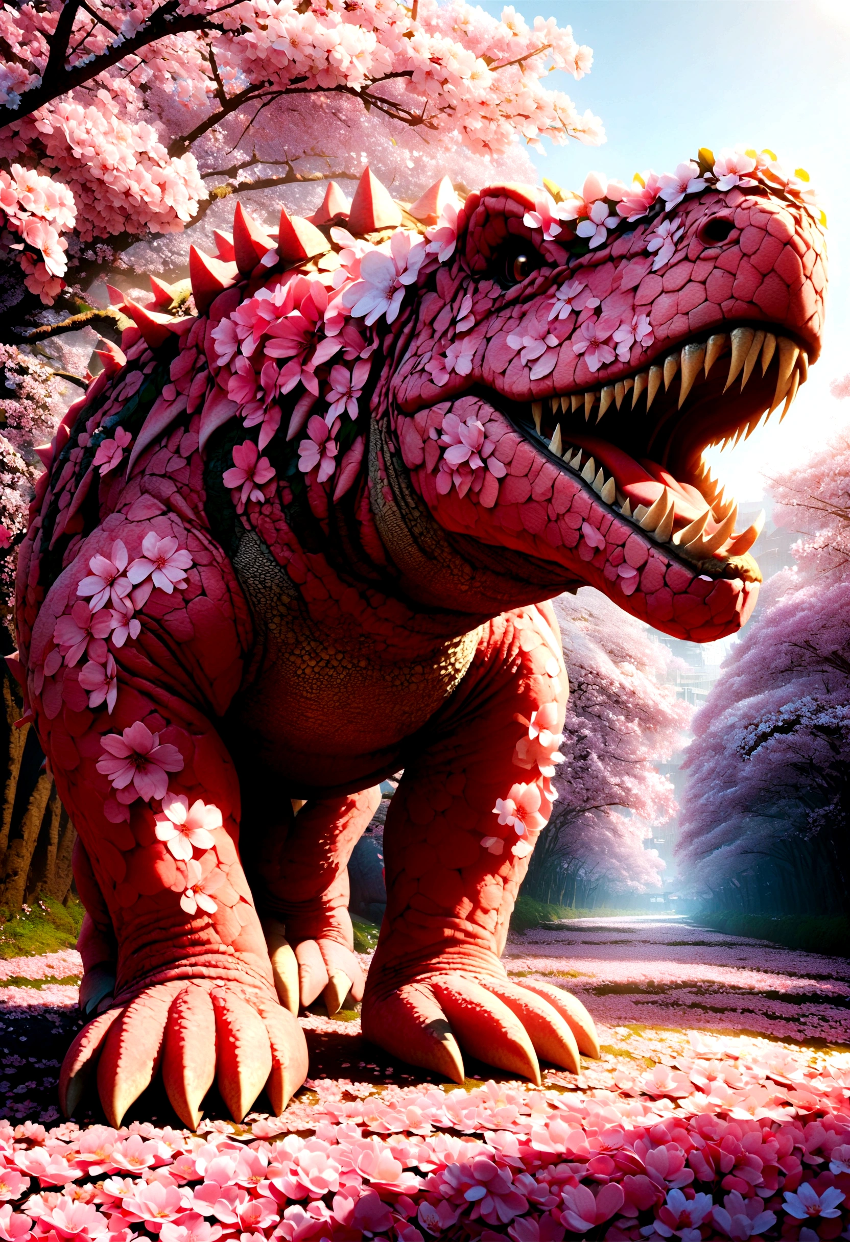 quality\(8k,wallpaper of extremely detailed CG unit, ​masterpiece,hight resolution,top-quality,top-quality real texture skin,hyper realisitic,increase the resolution,RAW photos,best qualtiy,highly detailed,the wallpaper\),Pink dinosaur with beautiful cherry blossoms blooming all over its body, made of cherry blossoms,cute, skin all overed with cherry blossom flowers, cherry blossoms everywhere\),dynamic pose,full body