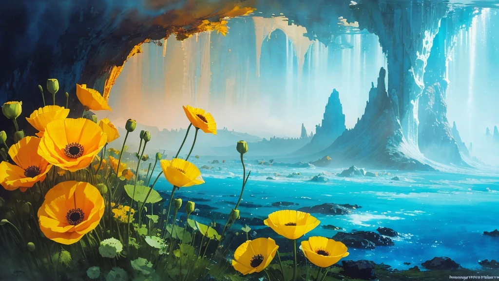 32k, Masterpiece, Highest quality, One girl, Detailed eyes, flower,Iceland Poppy, Blue and yellow style,A dreamy, romantic piece,Pale yellow, Mysterious Leaves,A playful arrangement,Fantasy,High Contrast,Ink strokes,explosion,Exposure, Impression of blue and yellow tones,Abstract,((Watercolours by John Berkey and Jeremy Mann )) Brush strokes,Negative Space, Tyndall effect,