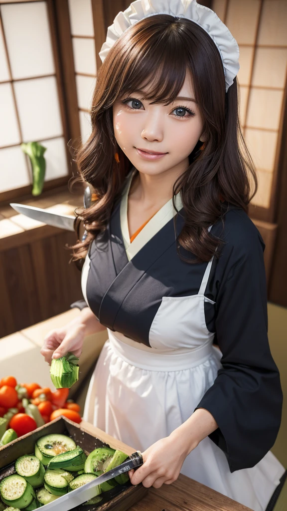 (One woman), Great face and eyes, blue eyes, Captivating smile, (Wide open maid cafe costume:1.2), (Stunningly beautiful woman), (Highest quality:1.4), (Very detailedな), (Very detailed CG 統合 8k 壁紙), Very detailed, High-quality RAW color photos, Professional photography, Written boundary depth, 、((cut vegetables with a knife:1.5))、Big Breasts、Long wavy brown hair、(((Japanese:1.5)))