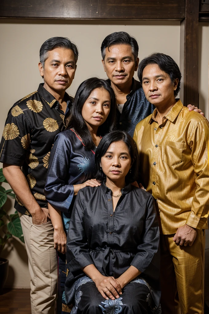 studio photo of a family of 5, father 60 years old, mother 55 years old, older brother 35 years old, older sister 30 years old, younger brother 25 years old, wearing batik clothes with black hair