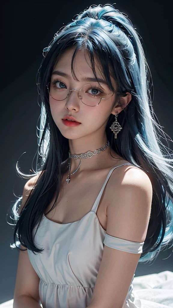 8k wallpaper, masterpiece, movie lighting, best quality, illustration, dramatic angle, ((color: 1.1)), ((color inner hair: 1.4)), 1girl, solo, long hair, water, blue eyes, black glasses, choker, parted lips, white choker, liquid hair, black hair, bangs, from side, side, upper body, simple background, gray background, bare shoulders, portrait, looking at the audience, white dress, hair between eyes, white background, earrings,