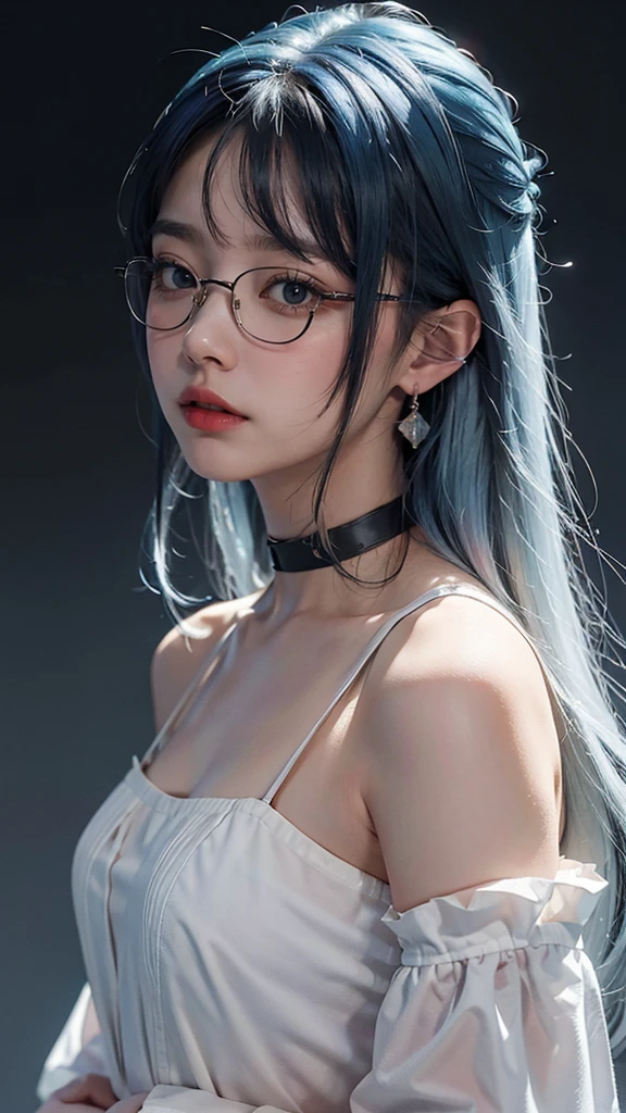 8k wallpaper, masterpiece, movie lighting, best quality, illustration, dramatic angle, ((color: 1.1)), ((color inner hair: 1.4)), 1girl, solo, long hair, water, blue eyes, black glasses, choker, parted lips, white choker, liquid hair, black hair, bangs, from side, side, upper body, simple background, gray background, bare shoulders, portrait, looking at the audience, white dress, hair between eyes, white background, earrings,