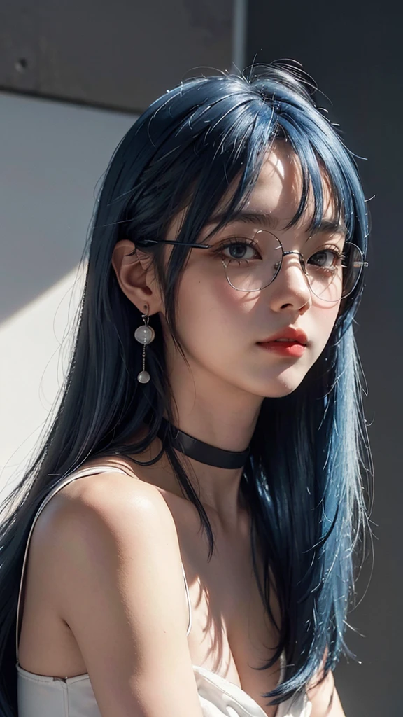 8k wallpaper, masterpiece, movie lighting, best quality, illustration, dramatic angle, ((color: 1.1)), ((color inner hair: 1.4)), 1girl, solo, long hair, water, blue eyes, black glasses, choker, parted lips, white choker, liquid hair, black hair, bangs, from side, side, upper body, simple background, gray background, bare shoulders, portrait, looking at the audience, white dress, hair between eyes, white background, earrings,