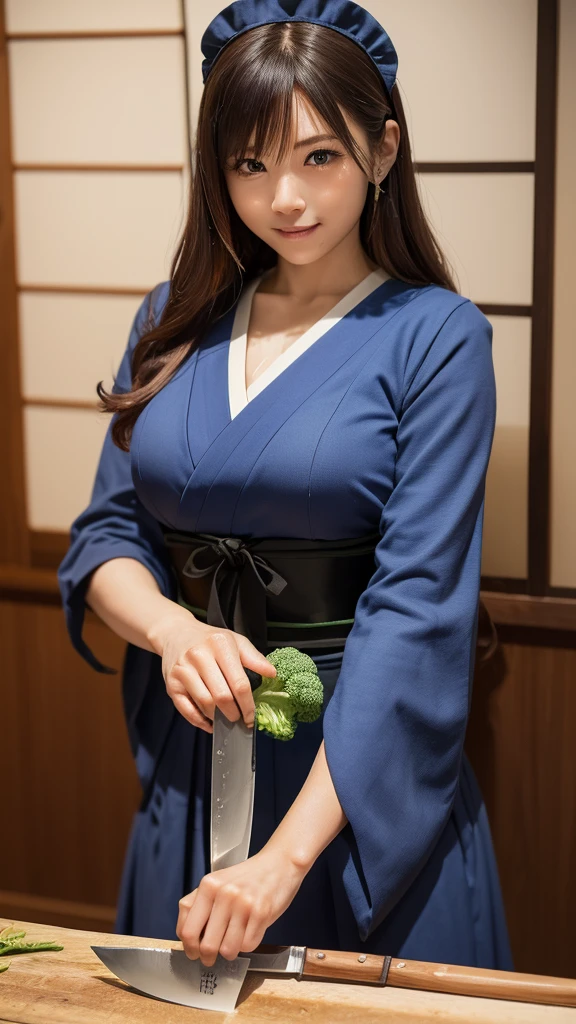 (One woman), Great face and eyes, blue eyes, Captivating smile, (Wide open maid cafe costume:1.2), (Stunningly beautiful woman), (Highest quality:1.4), (Very detailedな), (Very detailed CG 統合 8k 壁紙), Very detailed, High-quality RAW color photos, Professional photography, Written boundary depth, 、((cut vegetables with a knife:1.5))、Big Breasts、Long wavy brown hair、(((Japanese:1.5)))