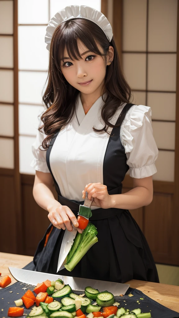(One woman), Great face and eyes, blue eyes, Captivating smile, (Wide open maid cafe costume:1.2), (Stunningly beautiful woman), (Highest quality:1.4), (Very detailedな), (Very detailed CG 統合 8k 壁紙), Very detailed, High-quality RAW color photos, Professional photography, Written boundary depth, 、((cut vegetables with a knife:1.5))、Big Breasts、Long wavy brown hair、(((Japanese:1.5)))