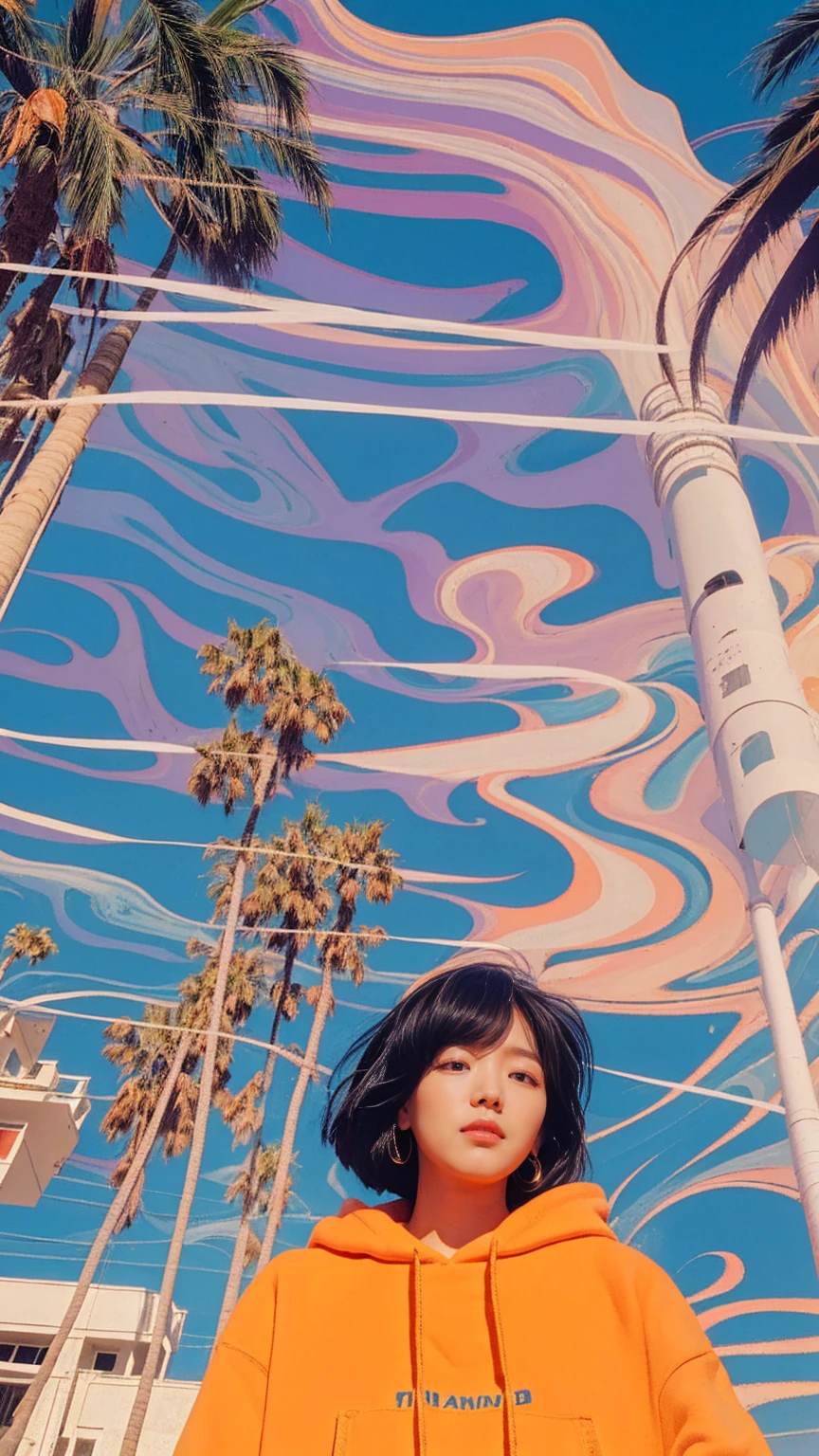 1 girl, beautiful, black bob hair, almond eye, no makeup, ((orange oversized hoodie)), (purple tennis skirt) in front of 80's architecture colorful motel,(from below:1.2), (realistic:1.2), (surreal:1.3), (very detailed:1.1), ((masterpiece)),summer, blue sky, palm trees,sunny, los angles vibes