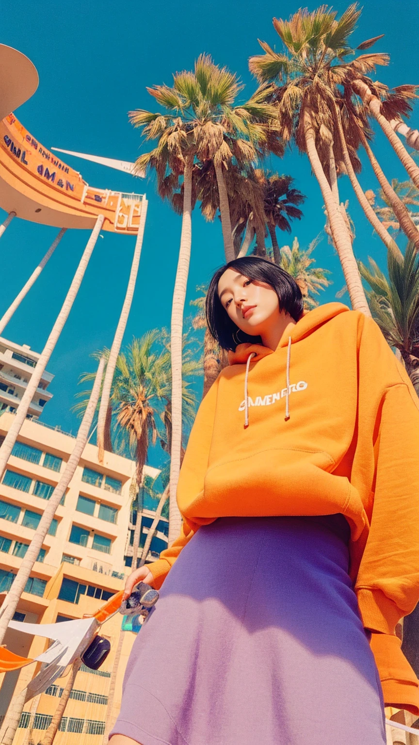 1 girl, beautiful, black bob hair, almond eye, no makeup, ((orange oversized hoodie)), (purple tennis skirt) in front of 80's architecture colorful motel,(from below:1.2), (realistic:1.2), (surreal:1.3), (very detailed:1.1), ((masterpiece)),summer, blue sky, palm trees,sunny, los angles vibes