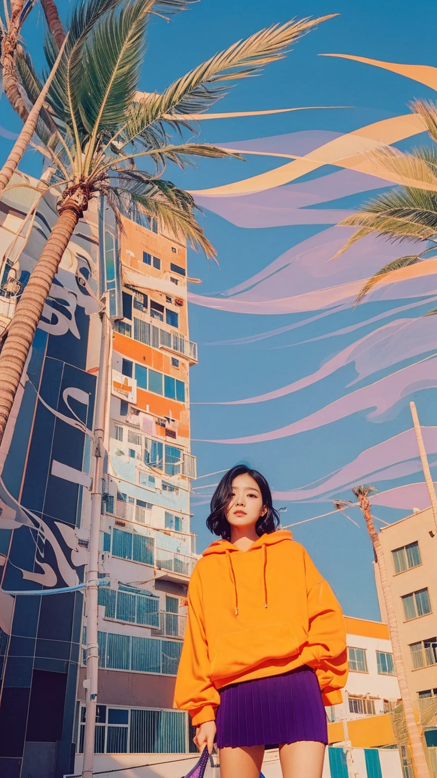 1 girl, beautiful, black bob hair, almond eye, no makeup, ((orange oversized hoodie)), (purple tennis skirt) in front of 80's architecture colorful motel,(from below:1.2), (realistic:1.2), (surreal:1.3), (very detailed:1.1), ((masterpiece)),summer, blue sky, palm trees,sunny, los angles vibes