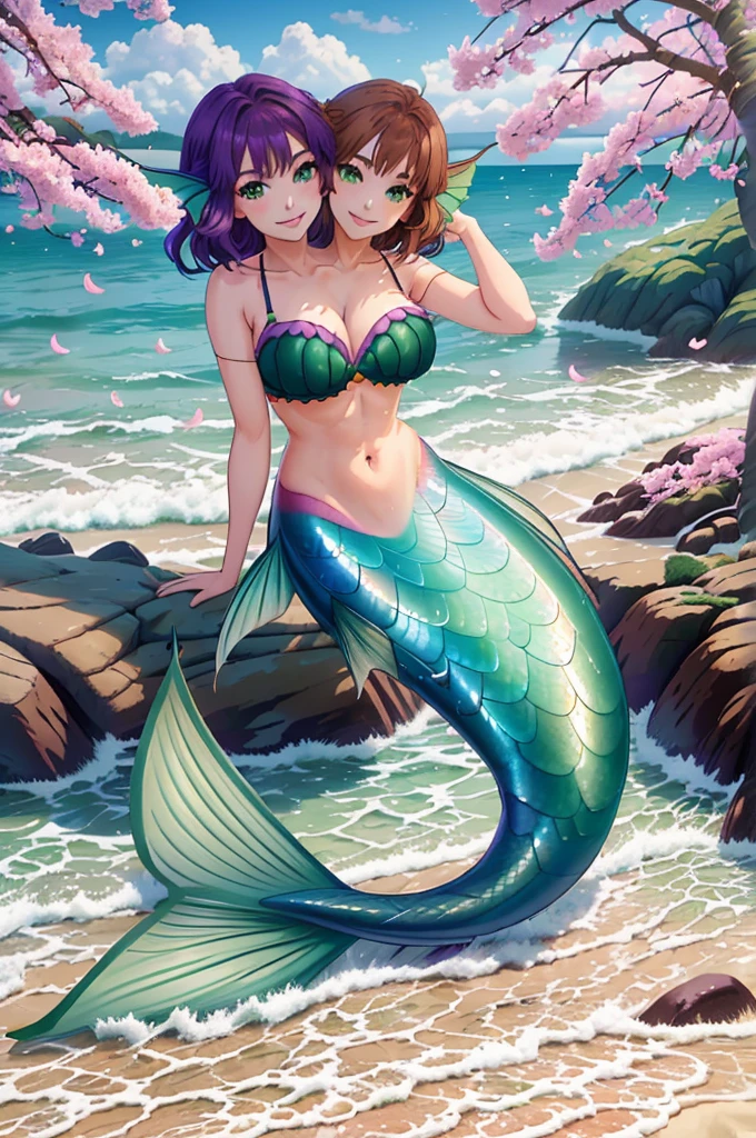 masterpiece, best quality:1.2), 1girl, smile, looking at viewer, green eyes, short brown hair, short green hair, mermaid, mermaid girl, wearing purple seashell bra, sitting on beach, colorful mermaid tail, outdoors, head fins, fin ears, under cherry blossoms, conjoined, (two heads: 1,5), two-headed