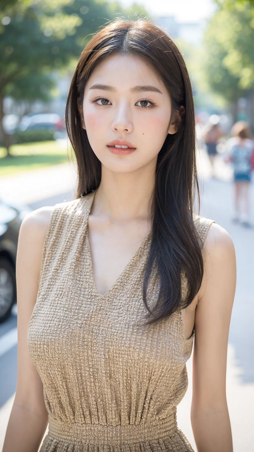 ((Best quality, 8K, masterpiece:1.3)),1girl,18 years old,Asian,Real texture:1.3,(Background blur:1.3),Gorgeous long dress,Tall and slender figure:1.2,(Hot summer weather),(street:1.3),Highly detailed face and skin textures,Exquisite eyes,Long eyelashes,Double eyelids,Skin Whitening,happy,Big breasts