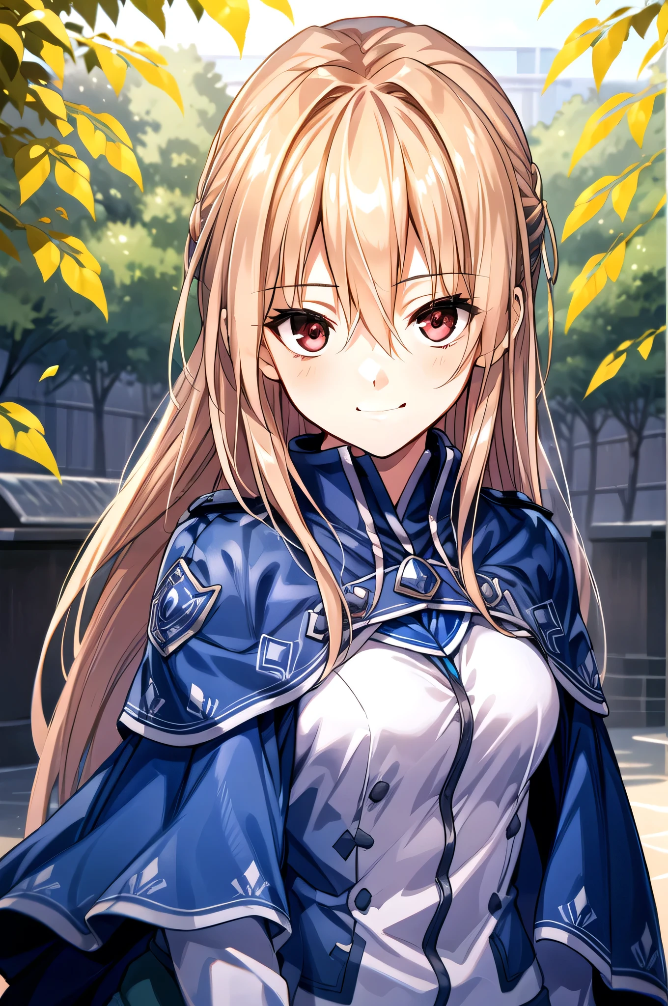 ((masterpiece))、(((Highest quality)))、((Super detailed))、((An illustration))、Attention to detail、Highly detailed CG Unity 8k、High resolution,One girl, Long Hair, alone, Hair between the eyes, smile, Red eyes, Kind eyes,Floating Hair, Blurred background, Blonde, View your viewers, Blurred, Upper Body, very Long Hair, bangs, Shiny hair, leaf, Shiny, Capelet, Blue Cape, Yuina Shirakawa,