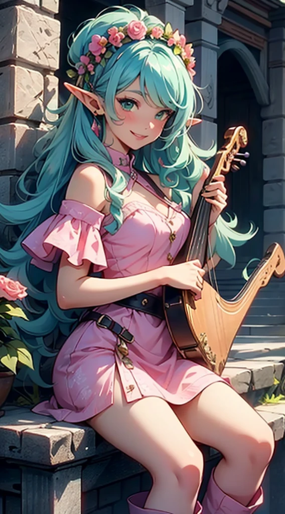 beautiful adult women elf, long pink hair and blue streaks hair, green eyes, with flower crown, smile, flirty bard, playing a small harp, boots, blue and pink armor dress, medium bust,