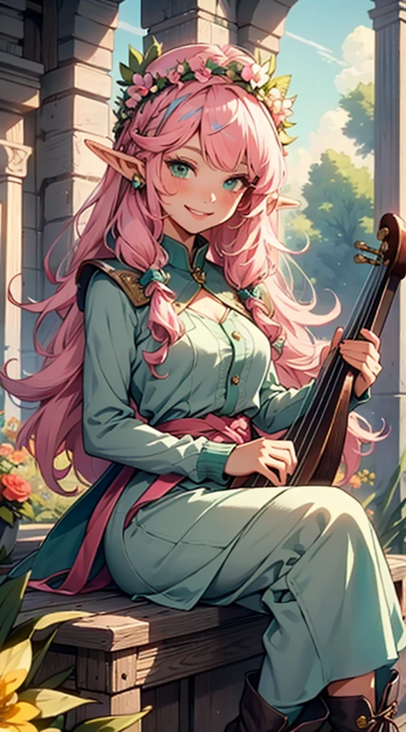 beautiful adult women elf, long pink hair and blue streaks hair, green eyes, with flower crown, smile, flirty bard, playing a small harp, boots, blue and pink armor dress, medium bust, 
