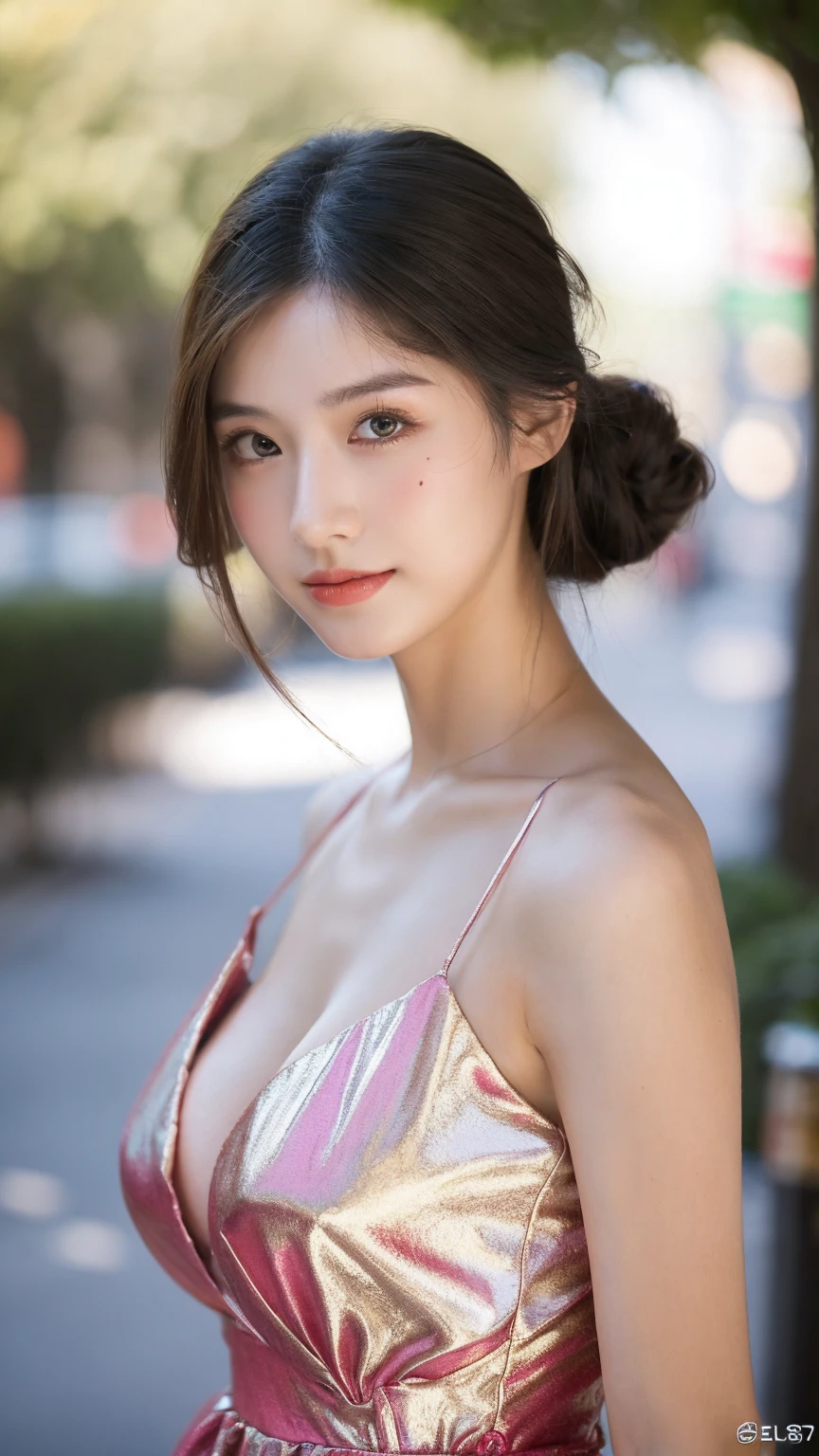 ((Best quality, 8K, masterpiece:1.3))，1girl，18 years old，Asian，Real texture:1.3，(Background blur:1.1)，Gorgeous long dress，Tall and slender figure:1.2，(Hot summer weather)，（street:1.3），Highly detailed face and skin textures，Exquisite eyes，Long eyelashes，Double eyelids，Skin Whitening，happy，Various postures，Big breasts