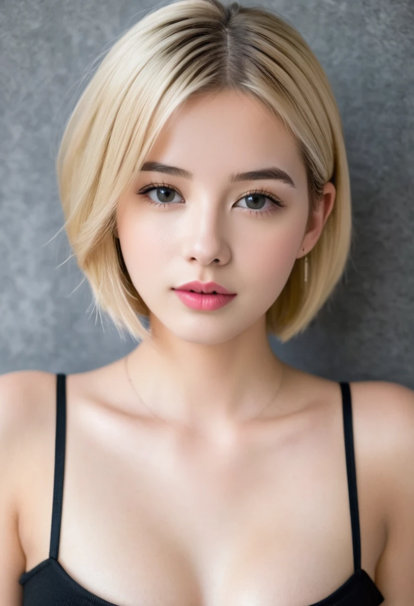 Fair and blonde girl with short hair and pink lips, 15 years old, sexy body looking at the camera from above while wearing a very open black neckline where you can see her breasts