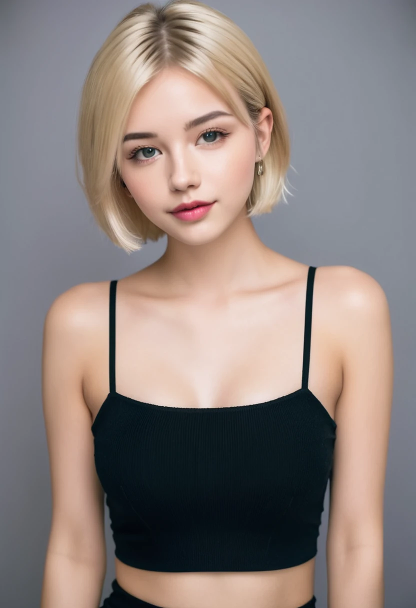 Straight blonde girl with short hair and pink lips, 15 years old, sexy body looking at the camera from above while wearing a black neckline where you can see her breasts
