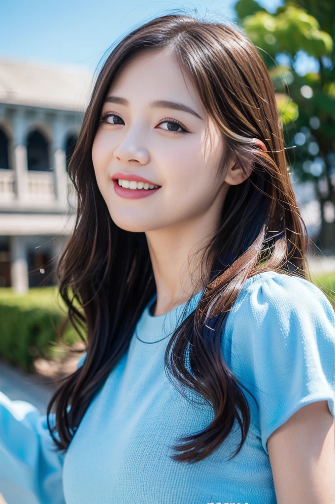 (8K, RAW Photos, Highest quality、masterpiece:1.2), (Realistic、Realistic:1.37), Very detailed, High resolution, 1 girl, (great laugh:1.2), (open your mouth:1.1), View your viewers, dress, Beautifully detailed face、blue sky,Beautiful and detailed skin、Skin Texture、Floating Hair、Professional Lighting, noon