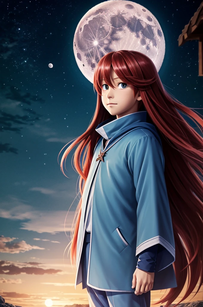 (masterpiece, 8k), male, 1boy, delicate appearance, red long hair, age 10, rimuru tempest, soft colors, full moon, night, anime,